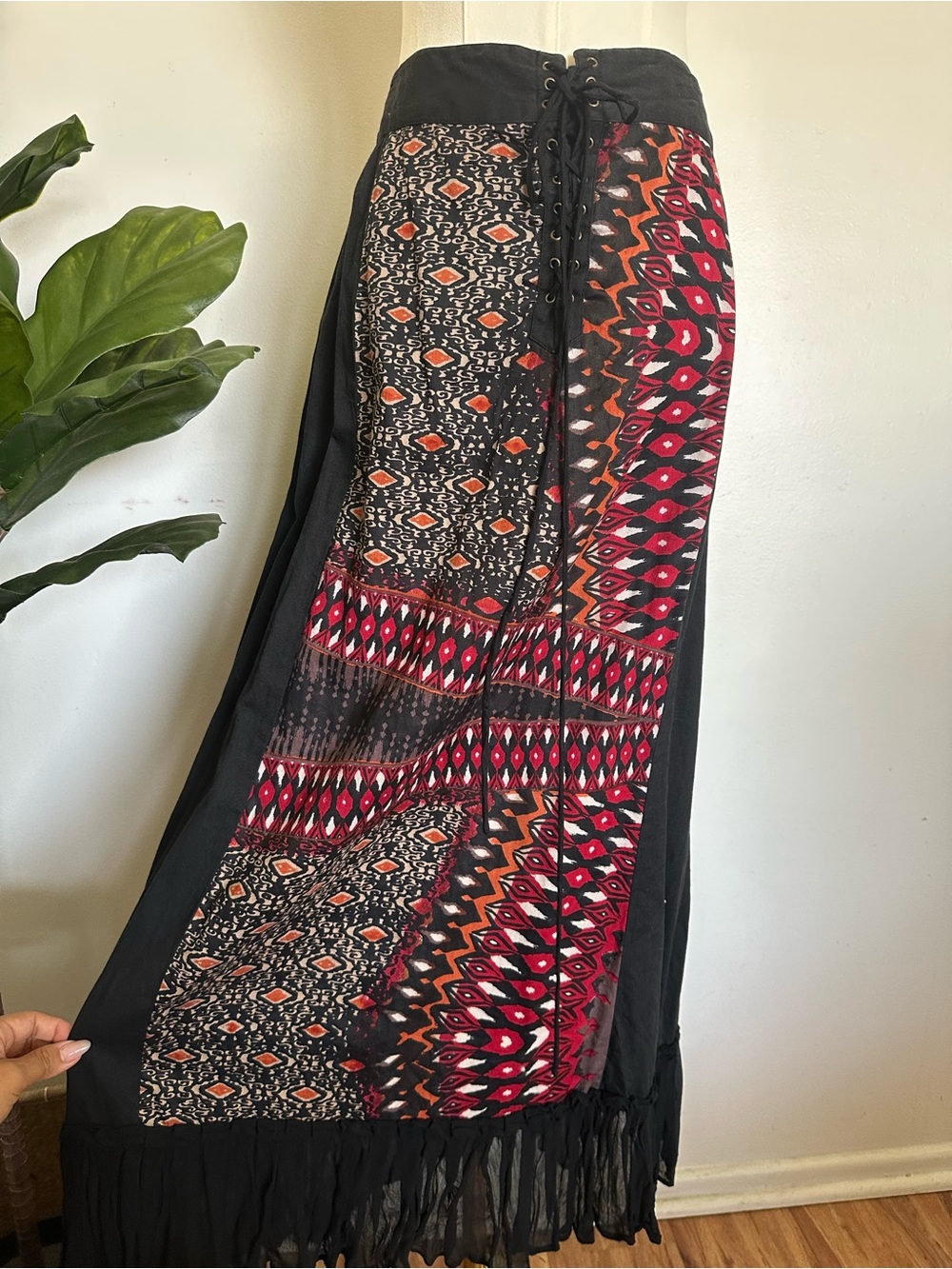 Earthy Artsy Boho Lace Up Maxi Skirt with Tribal Geometric Pattern Size M / L